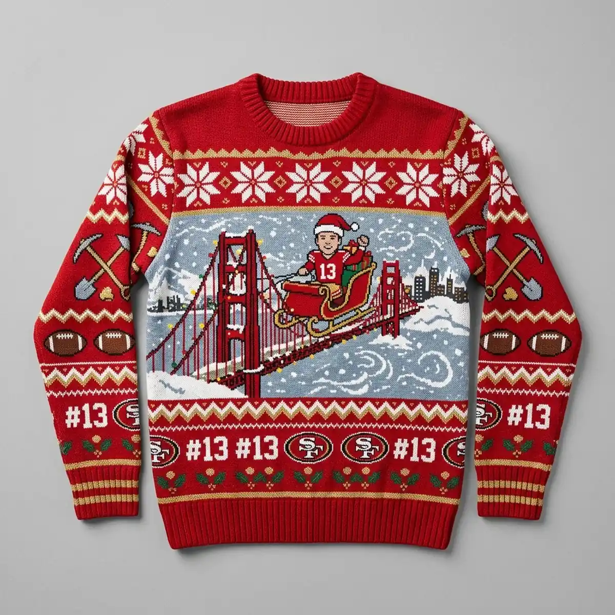49ers brock purdy sleigh conductor holiday ugly christmas sweater 1 49ers Brock Purdy Sleigh Conductor Holiday Ugly Christmas Sweater - Front View Main Mockup