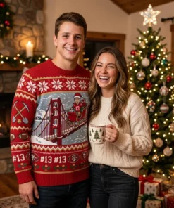 49ers Brock Purdy Sleigh Conductor Holiday Ugly Christmas Sweater - Lifestyle Model Mockup