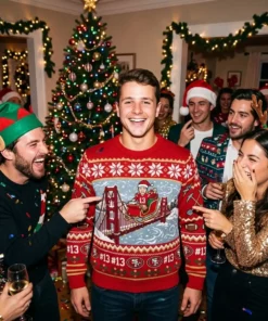 49ers Brock Purdy Sleigh Conductor Holiday Ugly Christmas Sweater - Close-up Graphic Detail Mockup