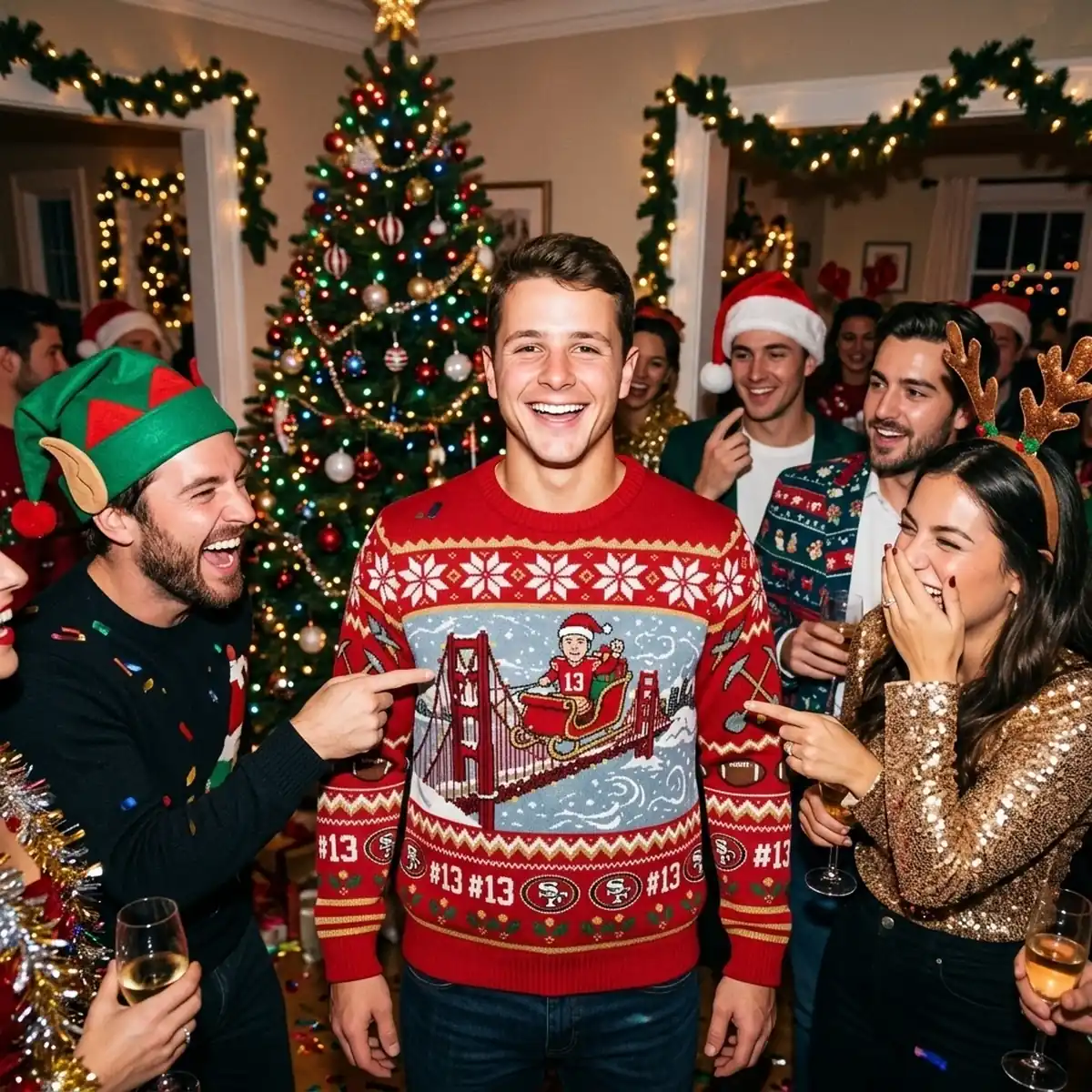 49ers brock purdy sleigh conductor holiday ugly christmas sweater 3 49ers Brock Purdy Sleigh Conductor Holiday Ugly Christmas Sweater - Close-up Graphic Detail Mockup