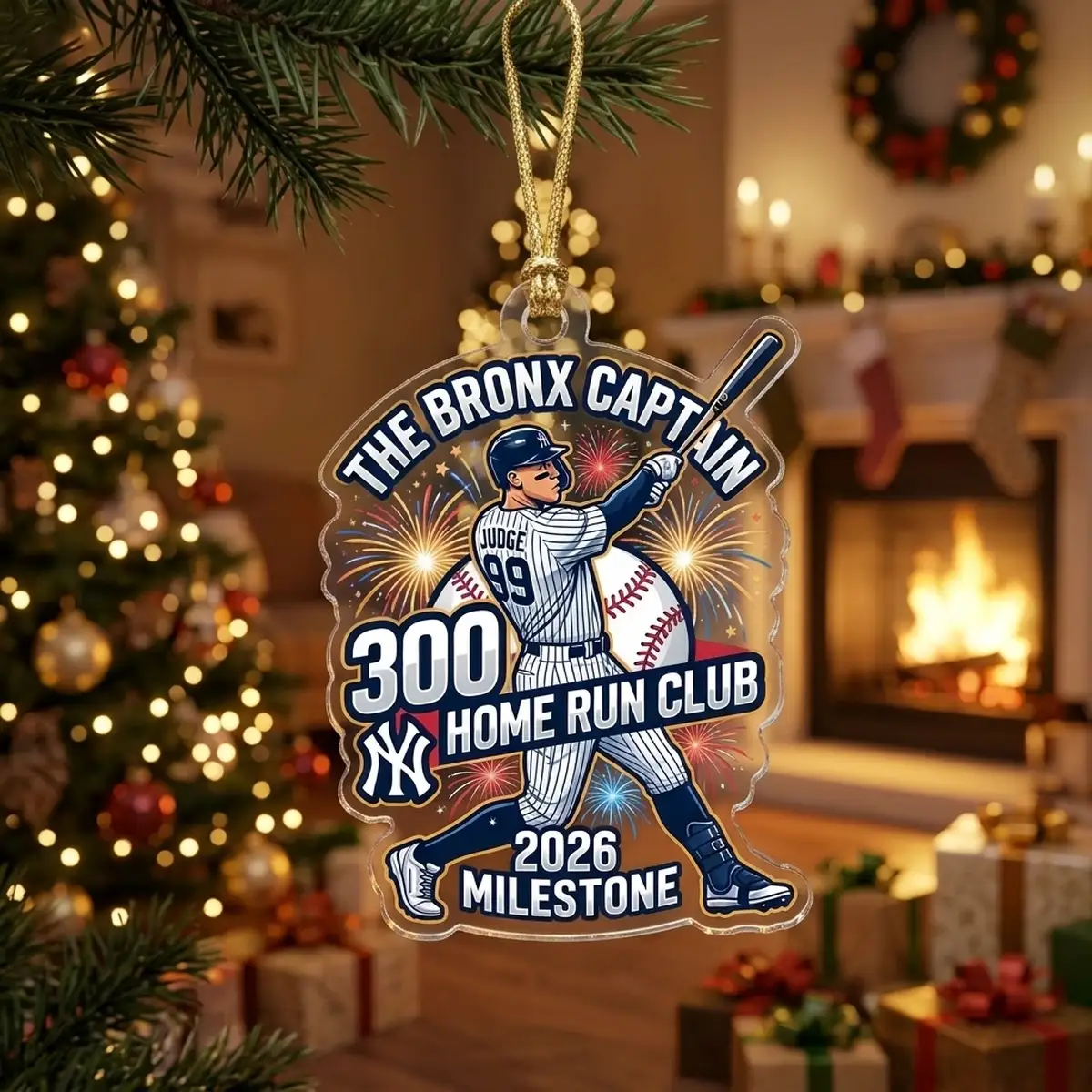aaron judge 300 home runs bronx captain 2026 custom acrylic ornament lifestyle Aaron Judge 300 Career Home Runs Milestone Bronx Captain 2026 Custom Acrylic Ornament - Lifestyle Model Mockup