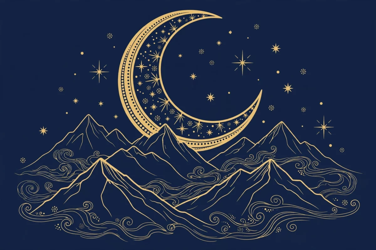 Original gold crescent moon and mountain line-art illustration on navy, in SVG craft style