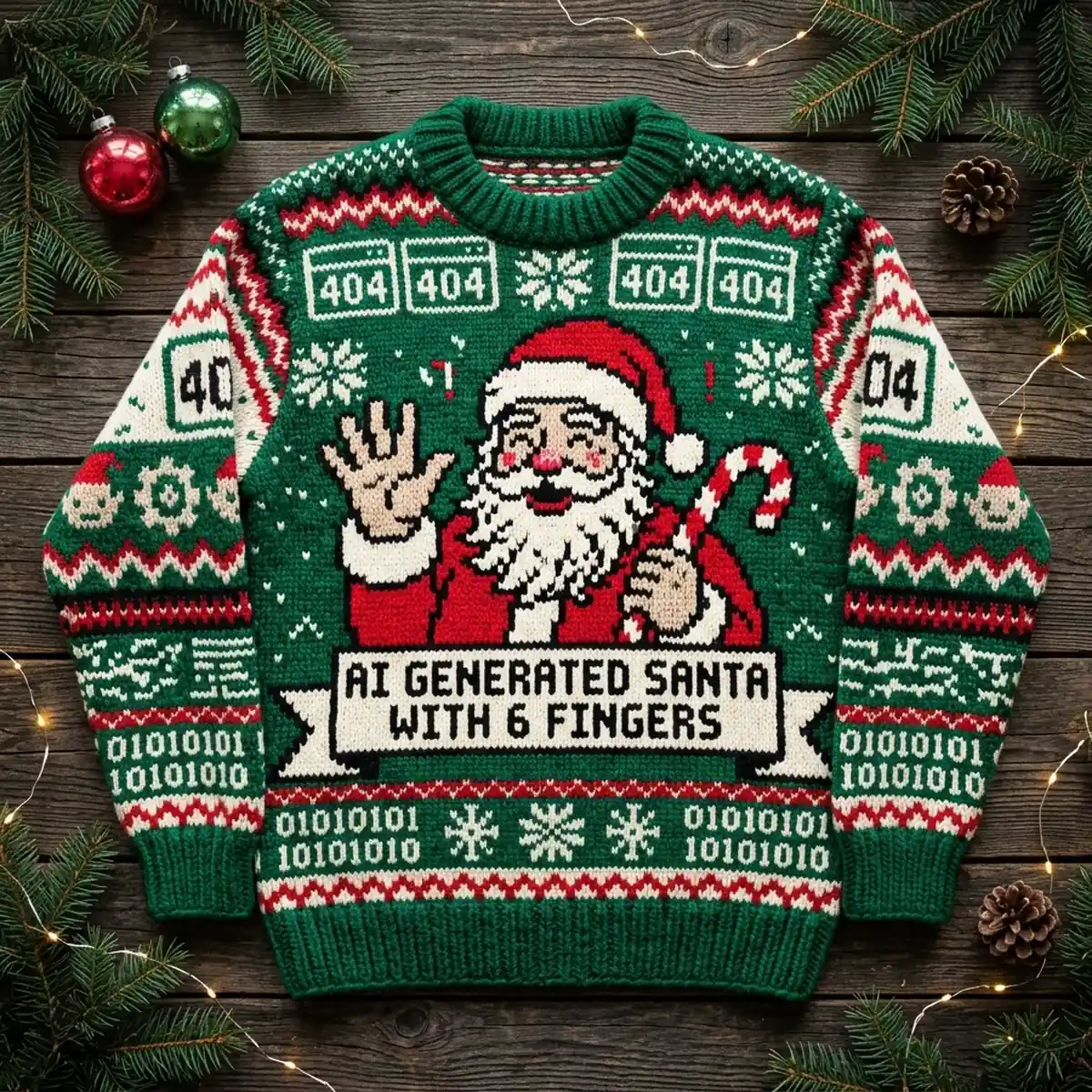 ai generated santa six fingers glitch ugly christmas sweater 1 AI Generated Santa Six Fingers Glitch Ugly Christmas Sweater - Front View Main Mockup