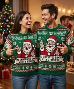 AI Generated Santa Six Fingers Glitch Ugly Christmas Sweater - Lifestyle Model Mockup
