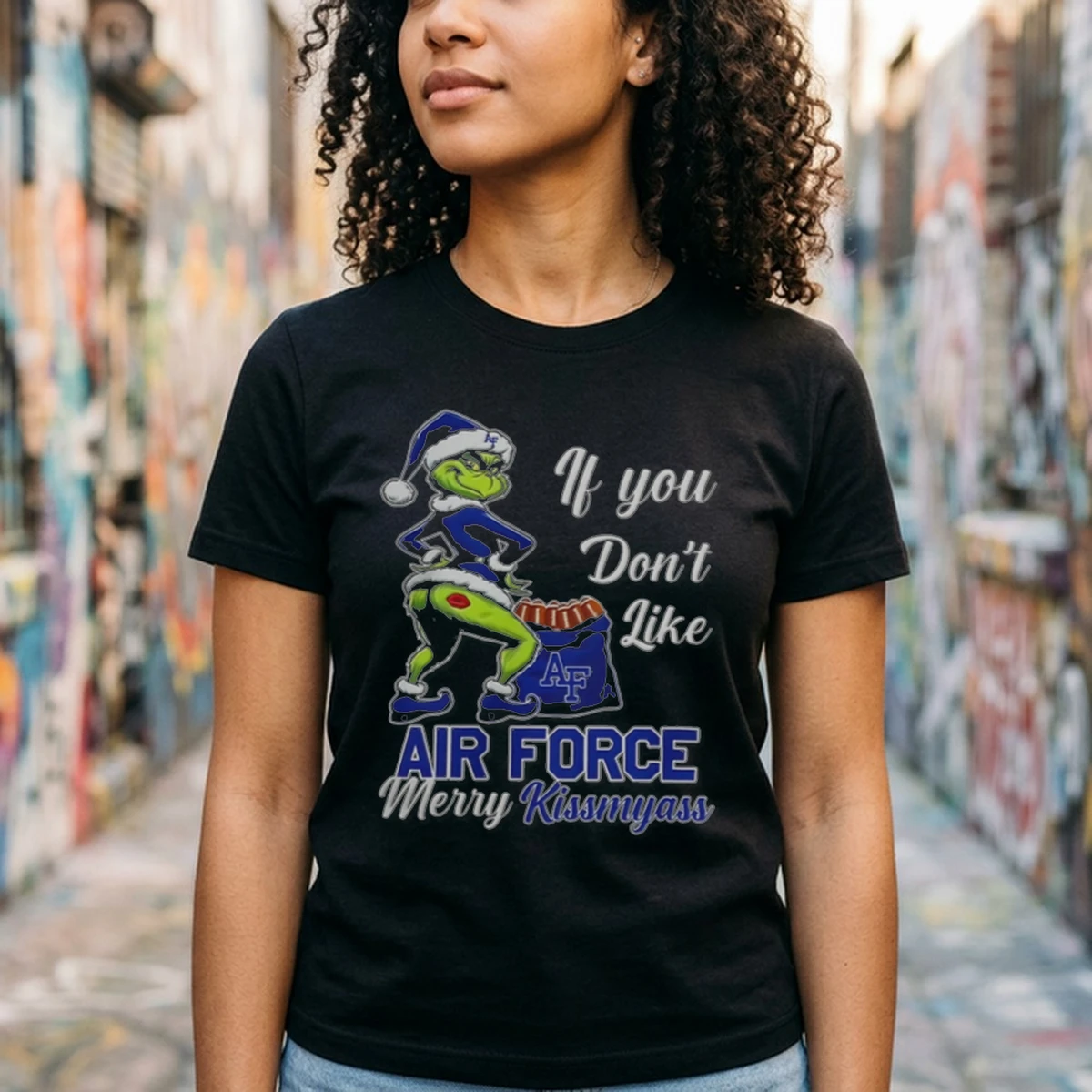 air force falcons grinch if you don t like air force merry tshirt black female3 Air Force Falcons Grinch If You Don’T Like Air Force Merry Kissmyass Christmas Shirt - Front View Main Mockup