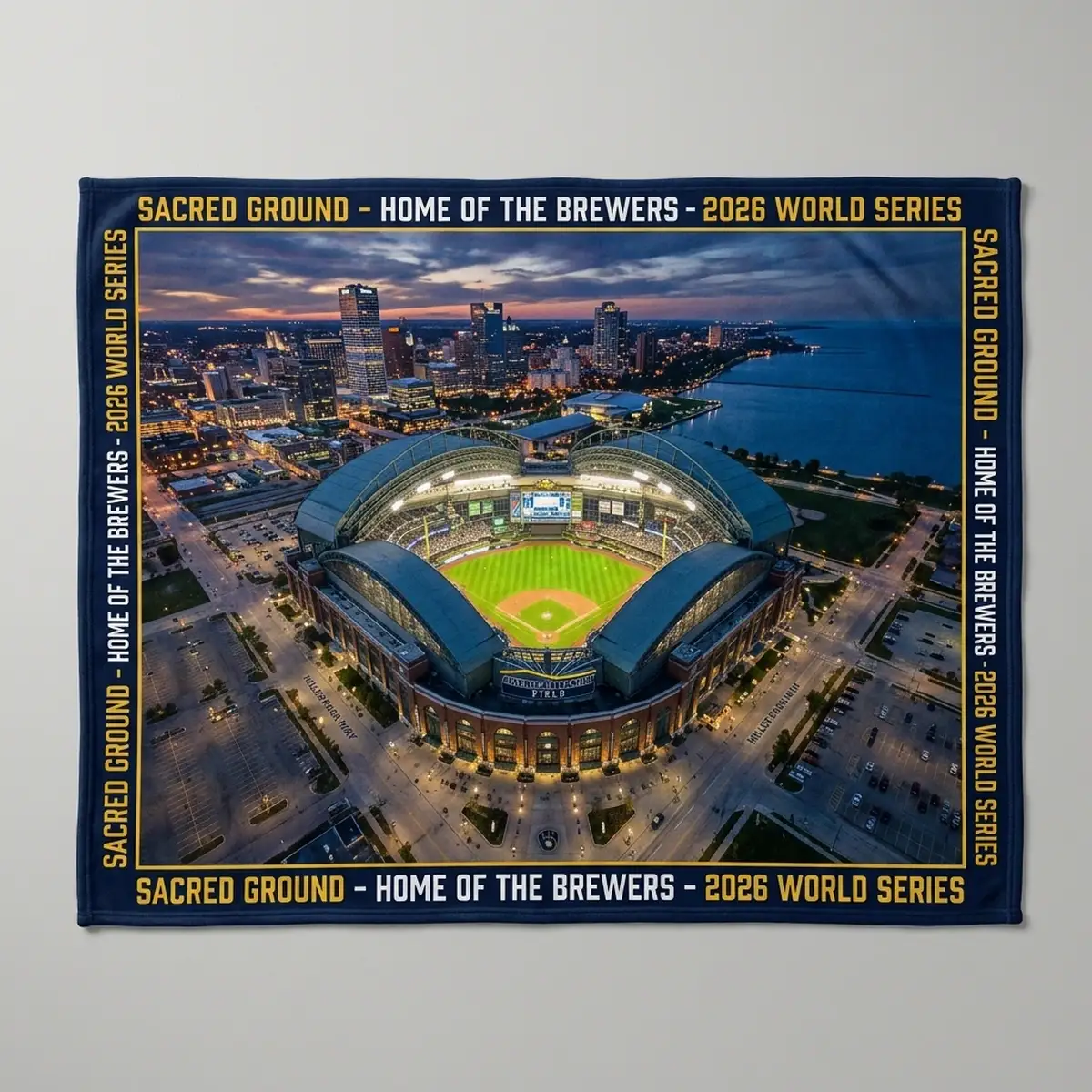 american family field sacred ground stadium skyline fleece blanket American Family Field Sacred Ground Stadium Skyline Fleece Blanket - Lifestyle Model Mockup
