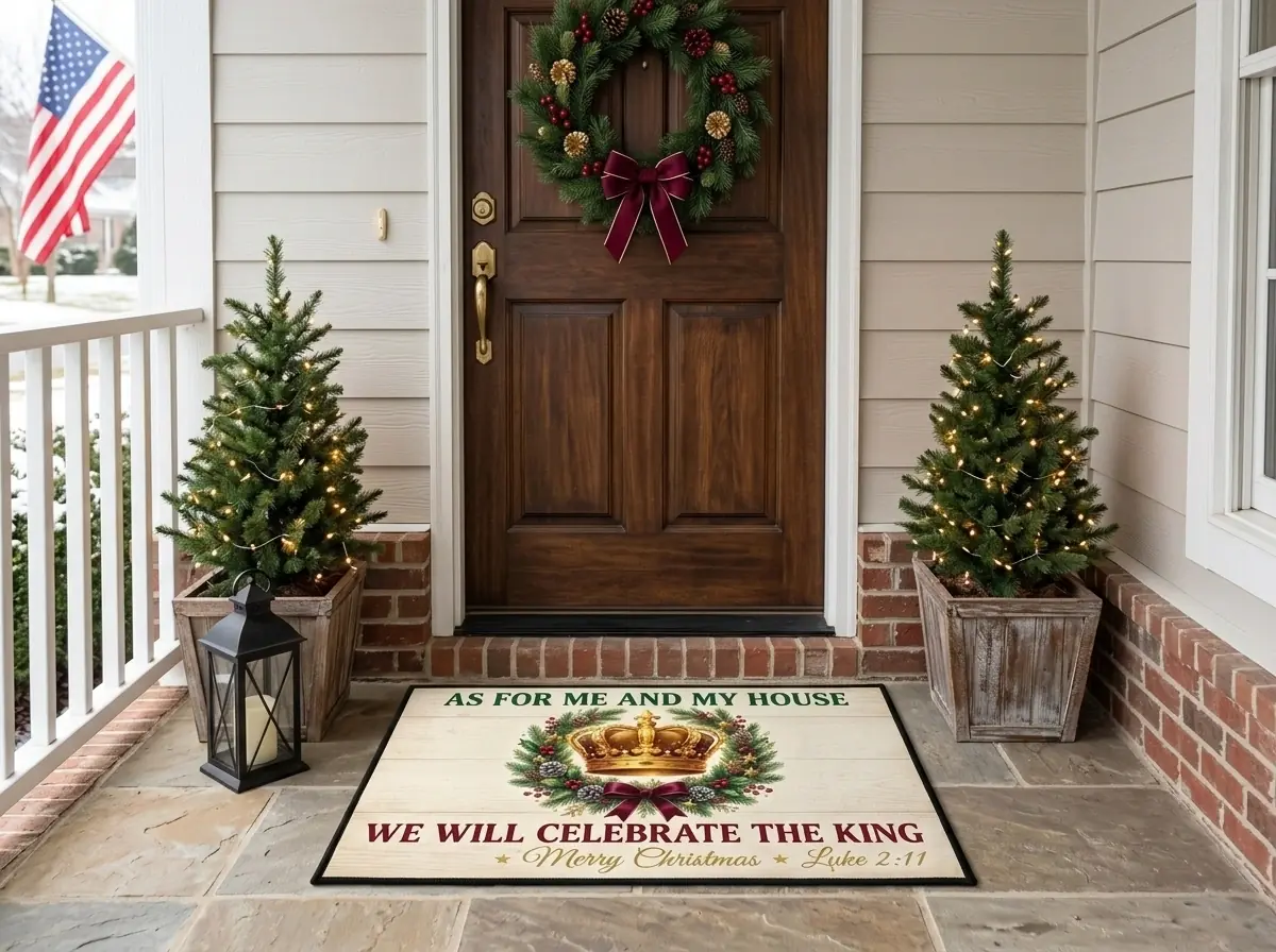 as for me and my house we will celebrate the king christmas doormat mockup 2 As For Me And My House We Will Celebrate The King Christmas Doormat - Front View Main Mockup