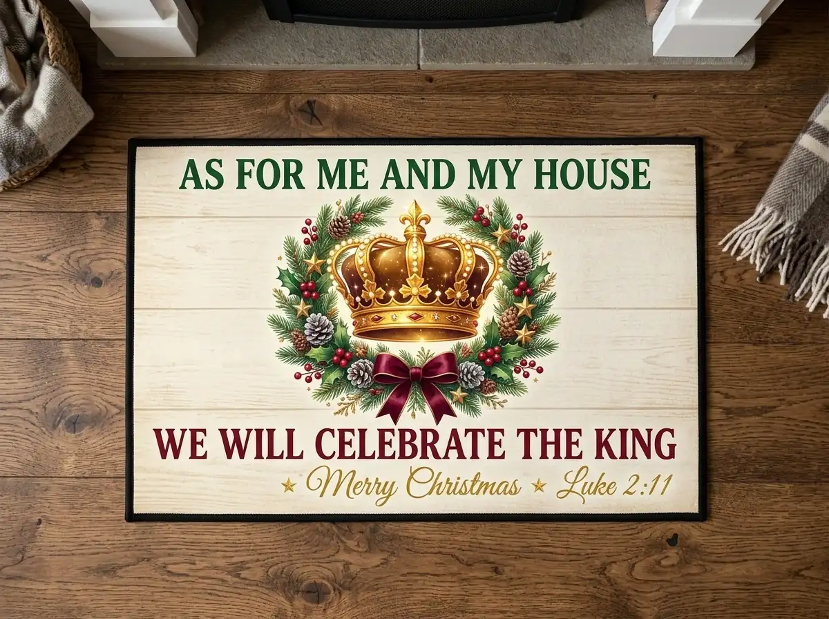 as for me and my house we will celebrate the king christmas doormat As For Me And My House We Will Celebrate The King Christmas Doormat - Close-up Graphic Detail Mockup