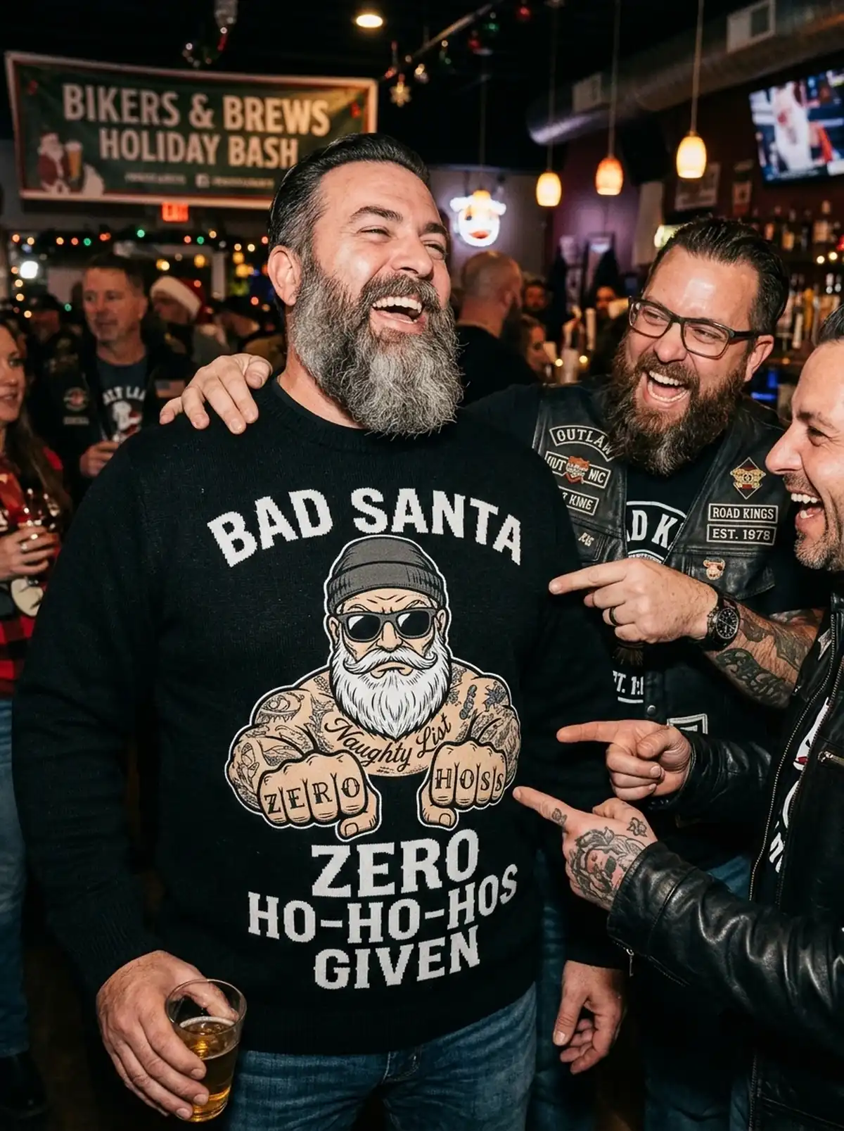 Bad Santa Biker Naughty Tattoo Gag Gift Christmas Sweater - Design Preview