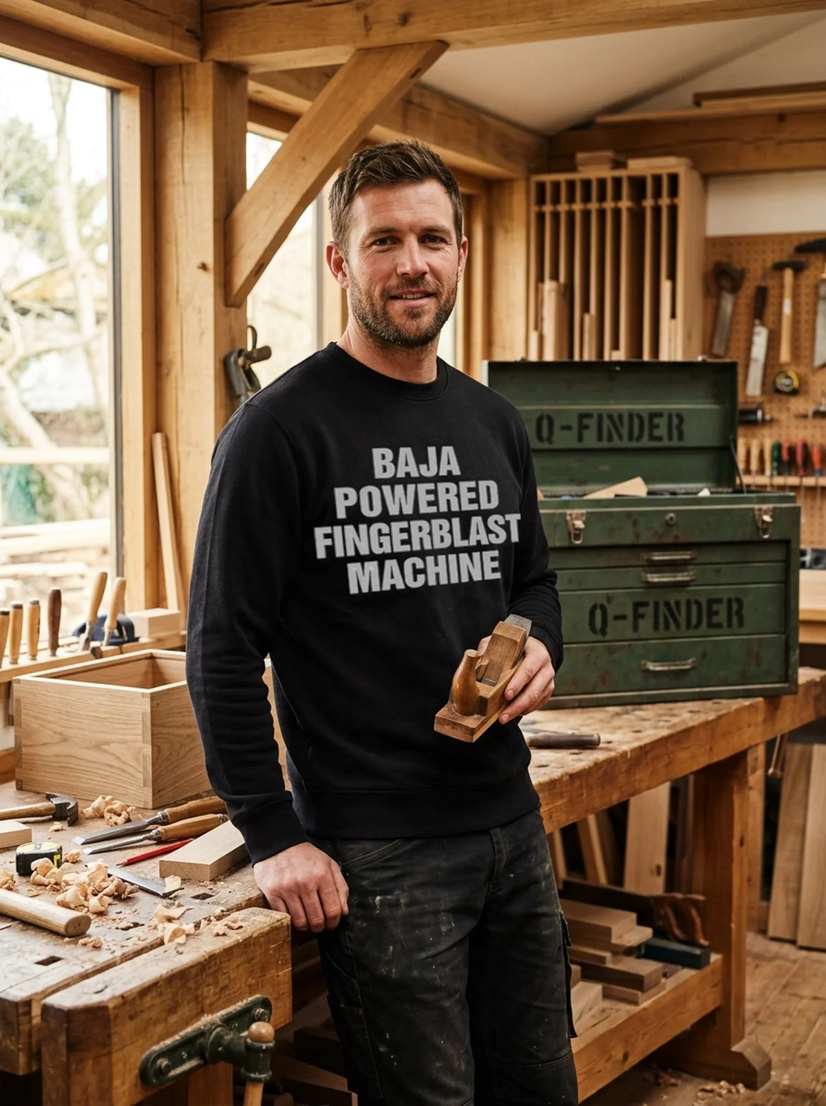 baja powered fingerblast machine black sweatshirt woodshop craftsman baja powered fingerblast machine black sweatshirt woodshop craftsman