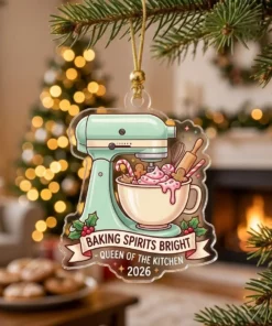 Baking Queen Vintage Stand Mixer With Peppermint Frosting 2026 Custom Acrylic Ornament - Lifestyle Model Mockup