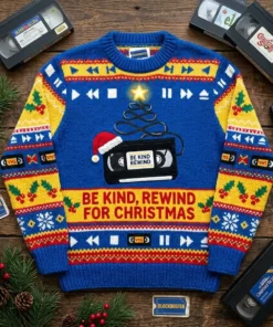 Be Kind Rewind VHS Tape 90s Nostalgia Holiday Ugly Christmas Sweater - Front View Main Mockup