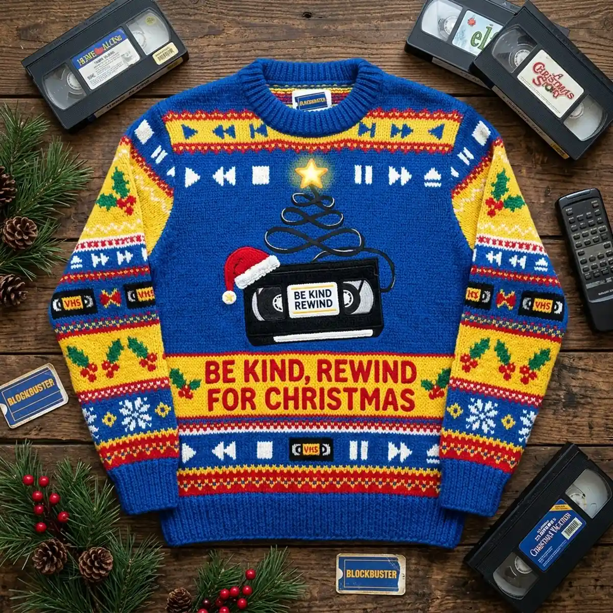 be kind rewind vhs tape 90s nostalgia holiday ugly christmas sweater 1 Be Kind Rewind VHS Tape 90s Nostalgia Holiday Ugly Christmas Sweater - Front View Main Mockup