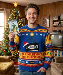 Be Kind Rewind VHS Tape 90s Nostalgia Holiday Ugly Christmas Sweater - Lifestyle Model Mockup