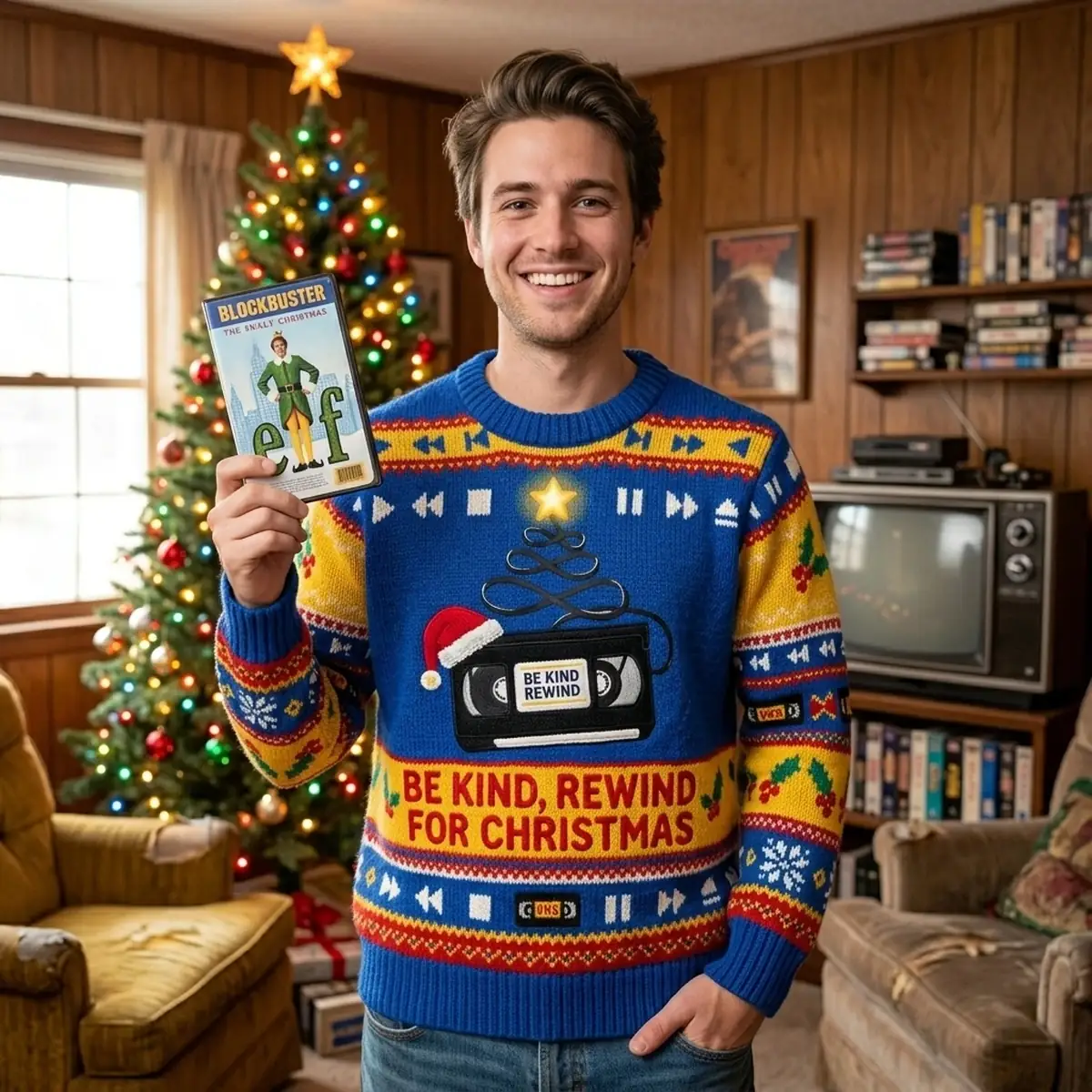 Be Kind Rewind VHS Tape 90s Nostalgia Holiday Ugly Christmas Sweater - Design Preview