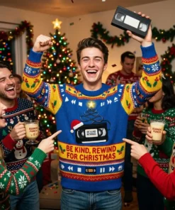 Be Kind Rewind VHS Tape 90s Nostalgia Holiday Ugly Christmas Sweater - Close-up Graphic Detail Mockup