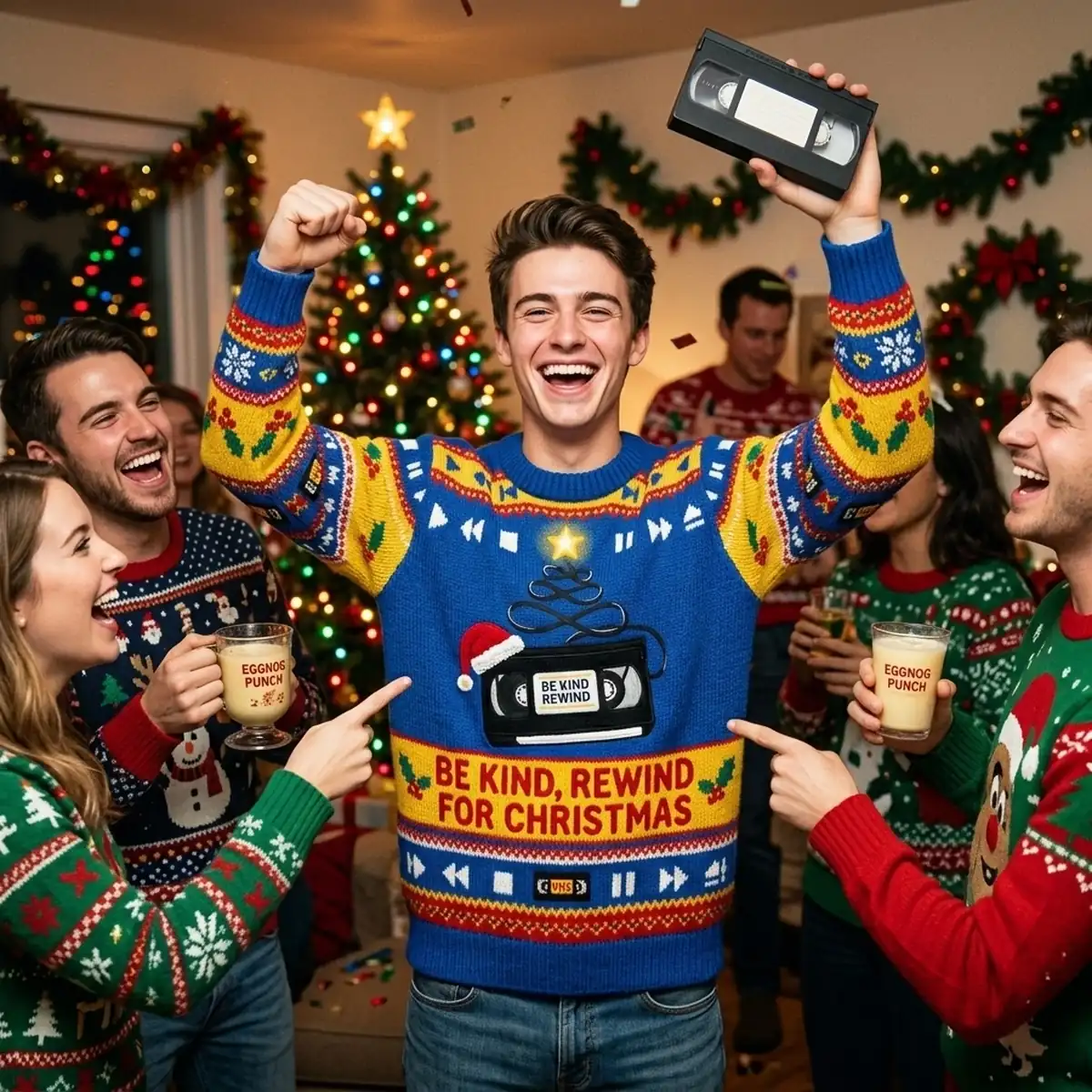 be kind rewind vhs tape 90s nostalgia holiday ugly christmas sweater 3 Be Kind Rewind VHS Tape 90s Nostalgia Holiday Ugly Christmas Sweater - Close-up Graphic Detail Mockup