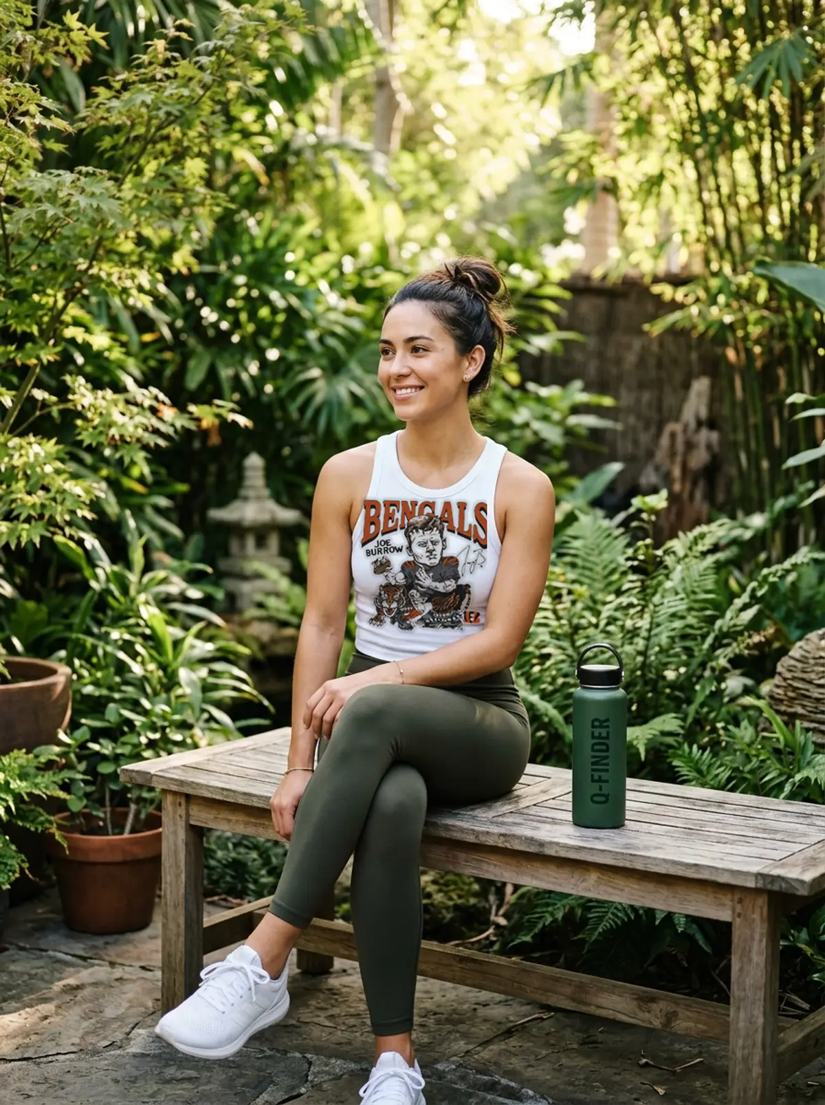 bengals joe burrow signature tiger white tanktop garden bench Bengals Joe Burrow Signature Tiger T-Shirt - Back or Alternative Angle Mockup