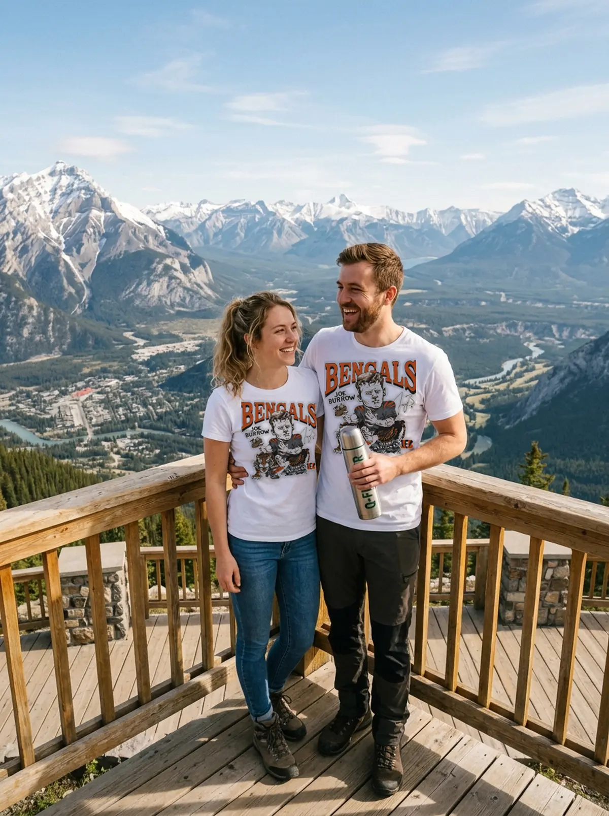 bengals joe burrow signature tiger white tshirt mountain couple Bengals Joe Burrow Signature Tiger T-Shirt - Front View Main Mockup