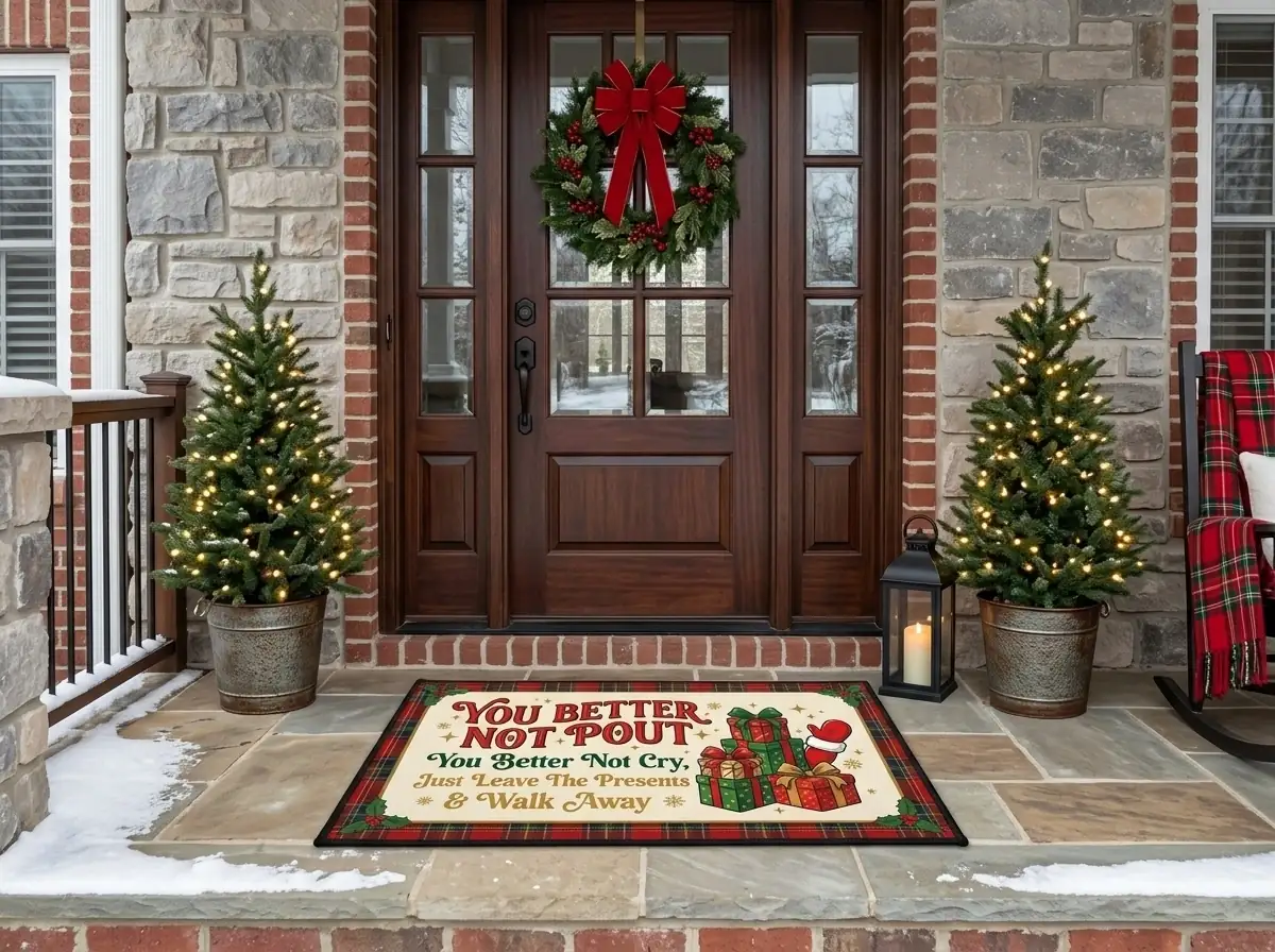 better not pout leave the presents and walk away funny christmas doormat mockup 2 Better Not Pout Leave The Presents And Walk Away Funny Christmas Doormat - Front View Main Mockup