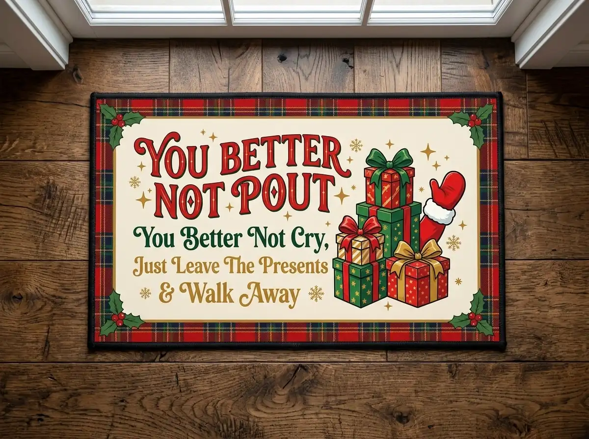 better not pout leave the presents and walk away funny christmas doormat Better Not Pout Leave The Presents And Walk Away Funny Christmas Doormat - Close-up Graphic Detail Mockup