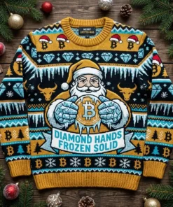 Bitcoin Diamond Hands Frozen Solid Santa Hodler Ugly Christmas Sweater - Front View Main Mockup