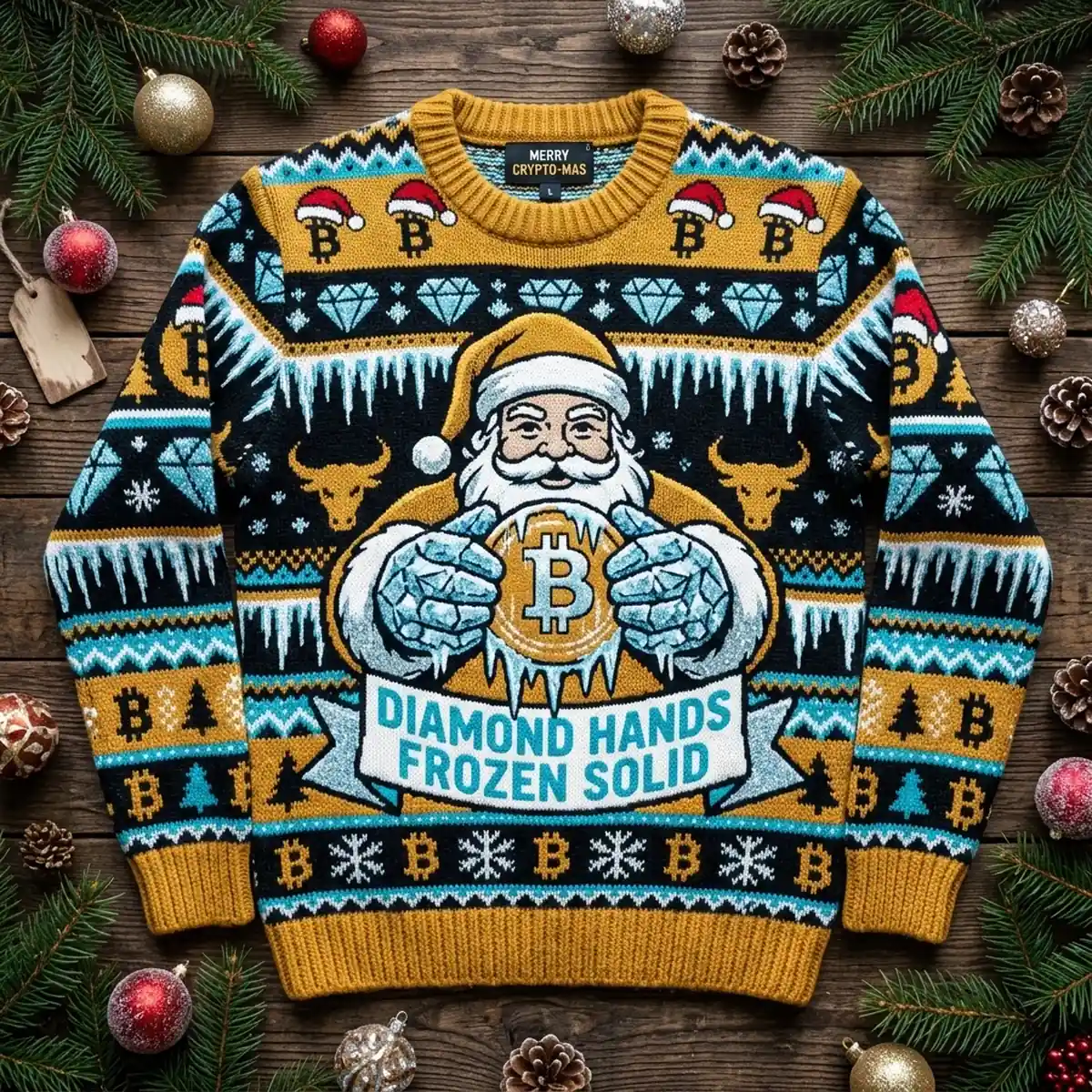 bitcoin diamond hands frozen solid santa ugly christmas sweater 1 Bitcoin Diamond Hands Frozen Solid Santa Hodler Ugly Christmas Sweater - Front View Main Mockup