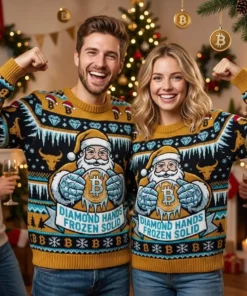 Bitcoin Diamond Hands Frozen Solid Santa Hodler Ugly Christmas Sweater - Lifestyle Model Mockup