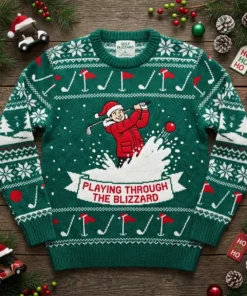 Blizzard Golf Playing Through The Snowstorm Ugly Christmas Sweater - Front View Main Mockup