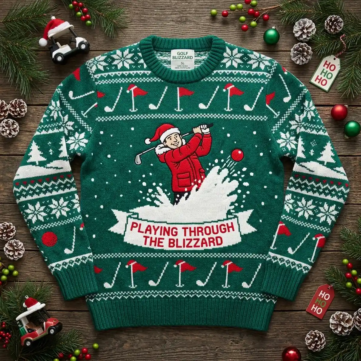 blizzard golf playing through the snowstorm ugly christmas sweater 1 Blizzard Golf Playing Through The Snowstorm Ugly Christmas Sweater - Front View Main Mockup