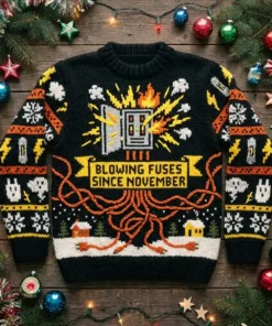 Blowing Fuses Since November Clark Sparking Circuit Ugly Christmas Sweater - Front View Main Mockup