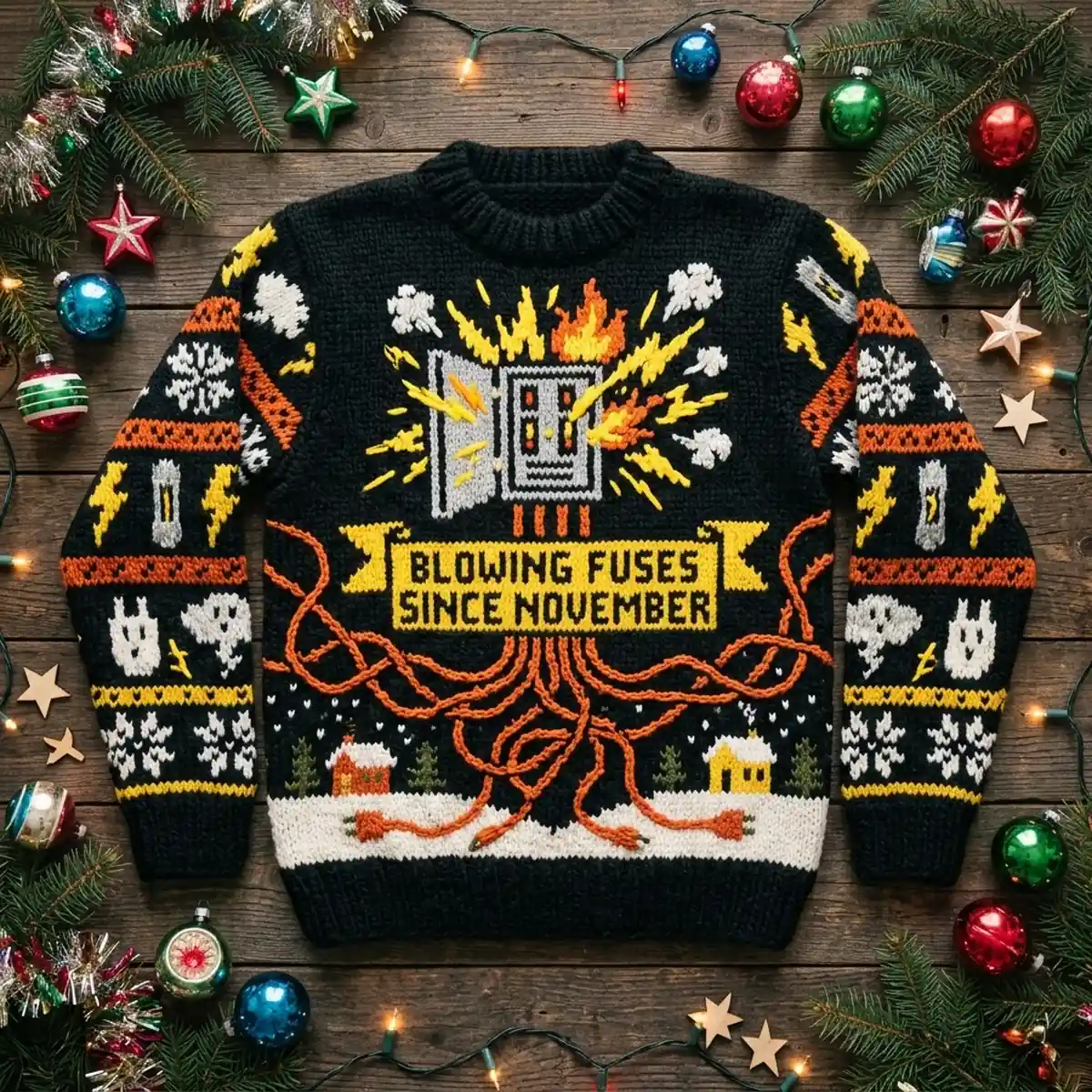 blowing fuses since november clark sparking circuit ugly christmas sweater 1 Blowing Fuses Since November Clark Sparking Circuit Ugly Christmas Sweater - Front View Main Mockup