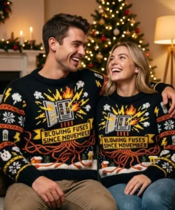 Blowing Fuses Since November Clark Sparking Circuit Ugly Christmas Sweater - Lifestyle Model Mockup