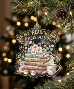 Bookish Romance Reader In My Reading Era Floral Stacks 2026 Custom Acrylic Ornament - Front View Main Mockup