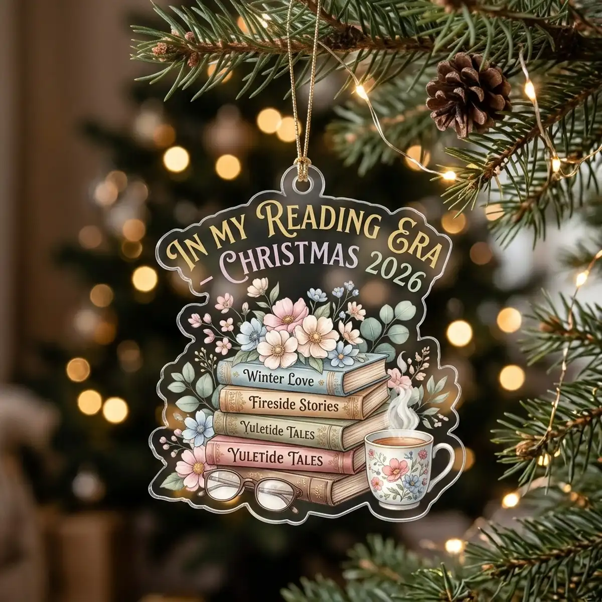 bookish romance reader in my reading era 2026 custom acrylic ornament hero Bookish Romance Reader In My Reading Era Floral Stacks 2026 Custom Acrylic Ornament - Front View Main Mockup