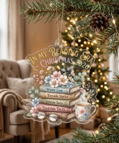 Bookish Romance Reader In My Reading Era Floral Stacks 2026 Custom Acrylic Ornament - Lifestyle Model Mockup
