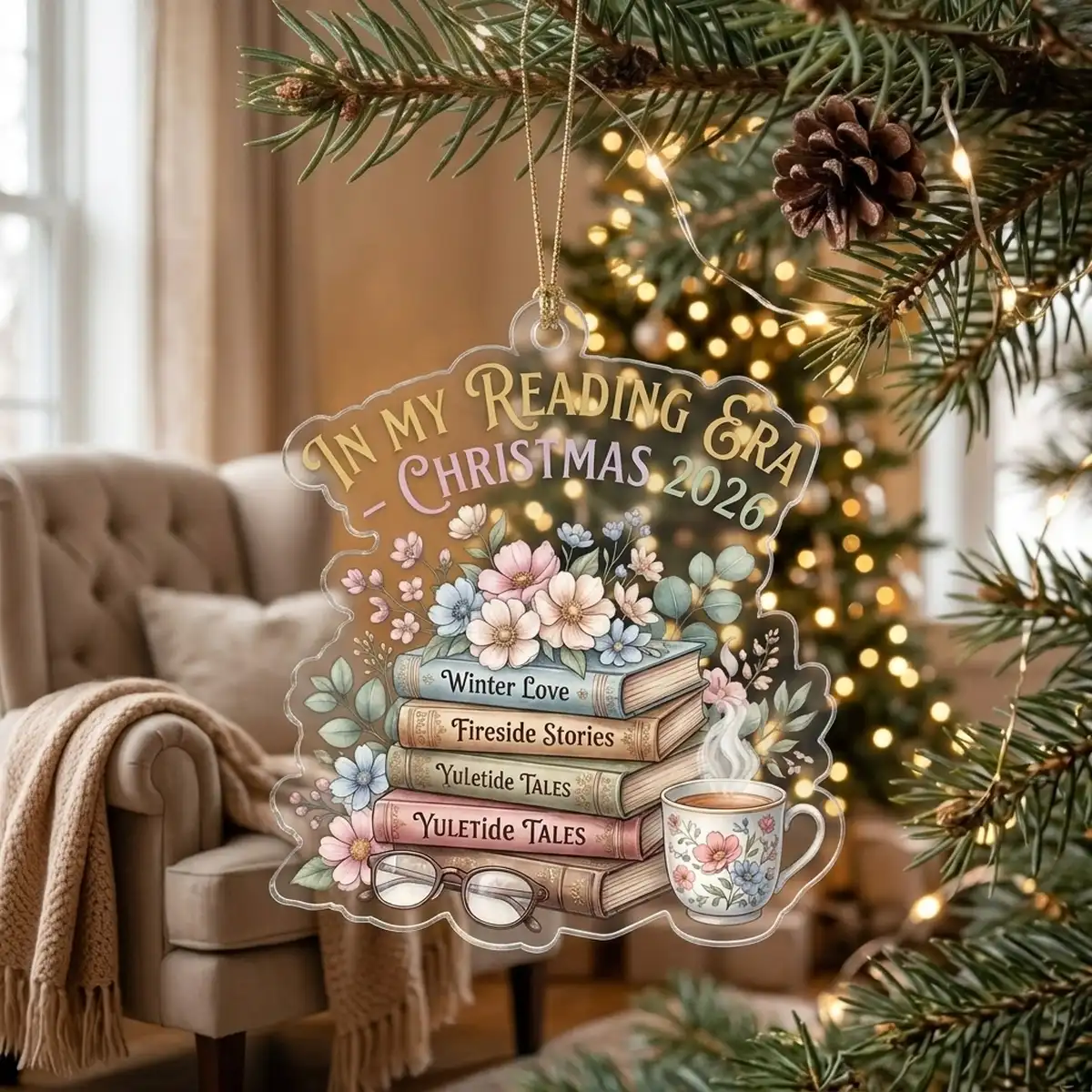 bookish romance reader in my reading era 2026 custom acrylic ornament lifestyle Bookish Romance Reader In My Reading Era Floral Stacks 2026 Custom Acrylic Ornament - Lifestyle Model Mockup