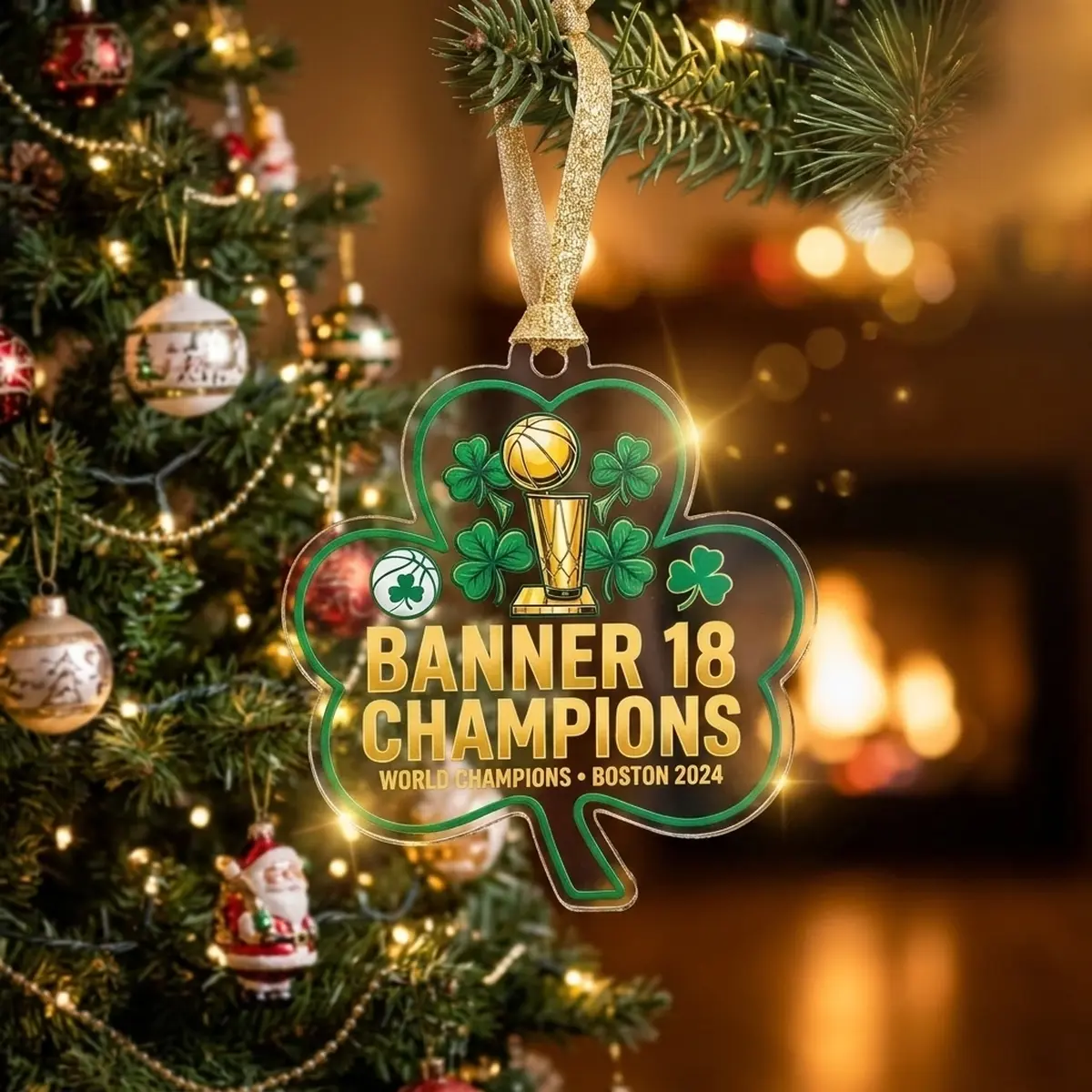 Boston Celtics Banner 18 World Champions Parade Shamrock 2026 Custom Acrylic Ornament - Design Preview