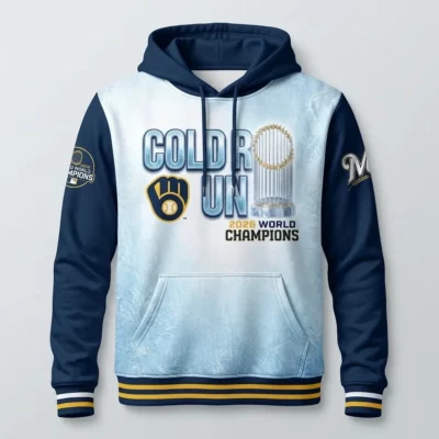 Milwaukee Brewers 2026 World Series Champions Cold Run Heavyweight AOP Pullover Hoodie - Front View Main Mockup