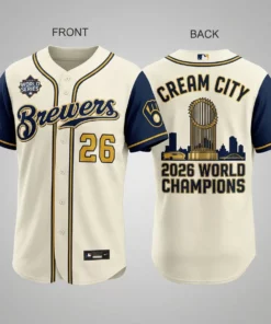 Milwaukee Brewers 2026 World Series Champions Cream City Vintage Baseball Jersey - Front View Main Mockup