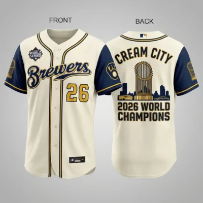 Milwaukee Brewers 2026 World Series Champions Cream City Vintage Baseball Jersey - Front View Main Mockup