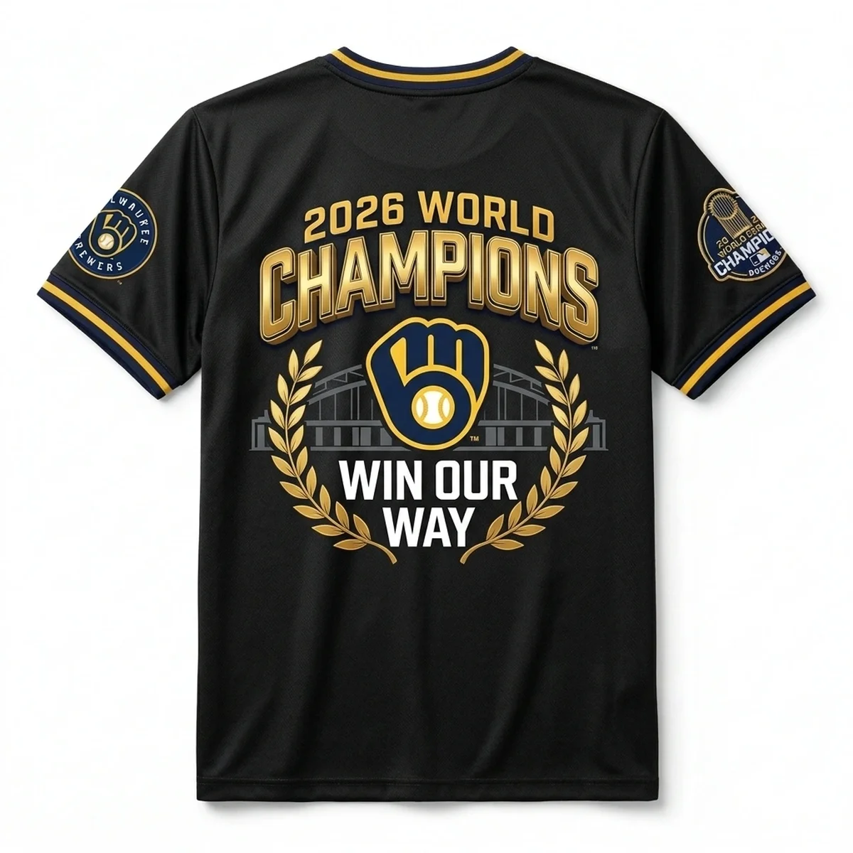 brewers 2026 ws official locker room trophy aop tshirt back Milwaukee Brewers 2026 World Series Champions Official Locker Room Trophy AOP Apparel - Close-up Graphic Detail Mockup
