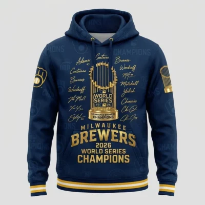 Milwaukee Brewers 2026 World Series Champions Signature Roster AOP Pullover Hoodie - Front View Main Mockup