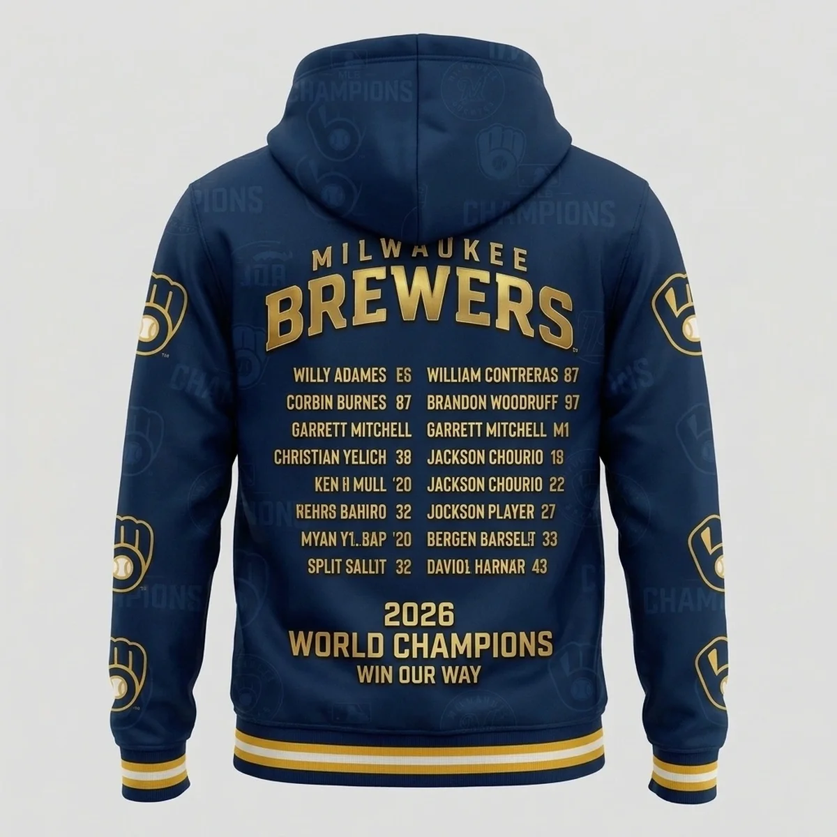 brewers 2026 ws signature roster aop hoodie 2 Milwaukee Brewers 2026 World Series Champions Signature Roster AOP Pullover Hoodie - Lifestyle Model Mockup