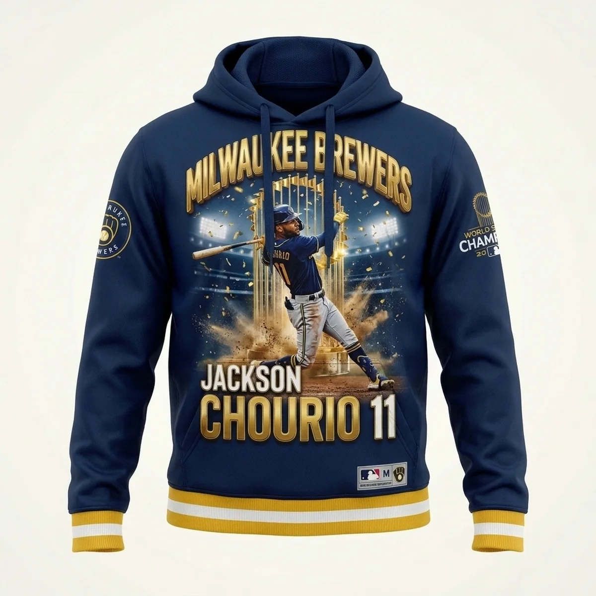 brewers chourio 11 2026 ws phenom aop hoodie 1 Jackson Chourio 11 Milwaukee Brewers 2026 World Series Phenom AOP Pullover Hoodie - Front View Main Mockup