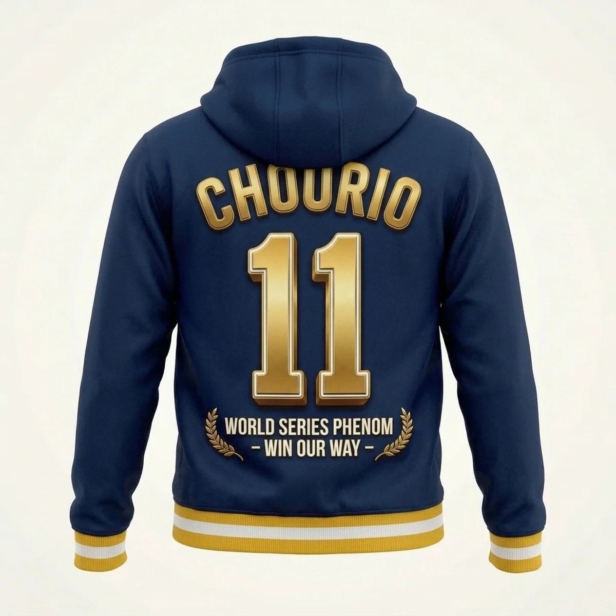 brewers chourio 11 2026 ws phenom aop hoodie 2 Jackson Chourio 11 Milwaukee Brewers 2026 World Series Phenom AOP Pullover Hoodie - Lifestyle Model Mockup