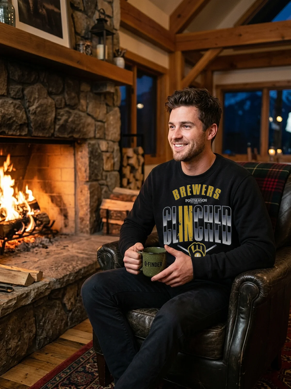 brewers clinched postseason locker room 2026 black sweatshirt stone fireplace brewers clinched postseason locker room 2026 black sweatshirt stone fireplace