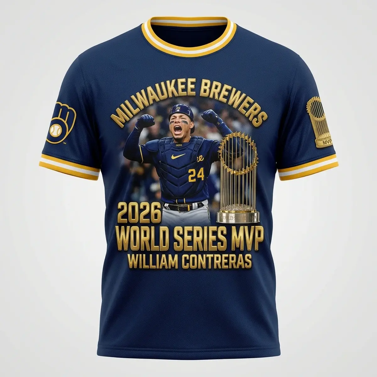 brewers contreras 2026 ws mvp aop tshirt 1 William Contreras Milwaukee Brewers 2026 World Series MVP AOP 3D T-Shirt - Front View Main Mockup
