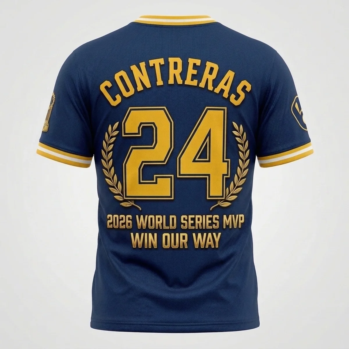 brewers contreras 2026 ws mvp aop tshirt 2 William Contreras Milwaukee Brewers 2026 World Series MVP AOP 3D T-Shirt - Lifestyle Model Mockup