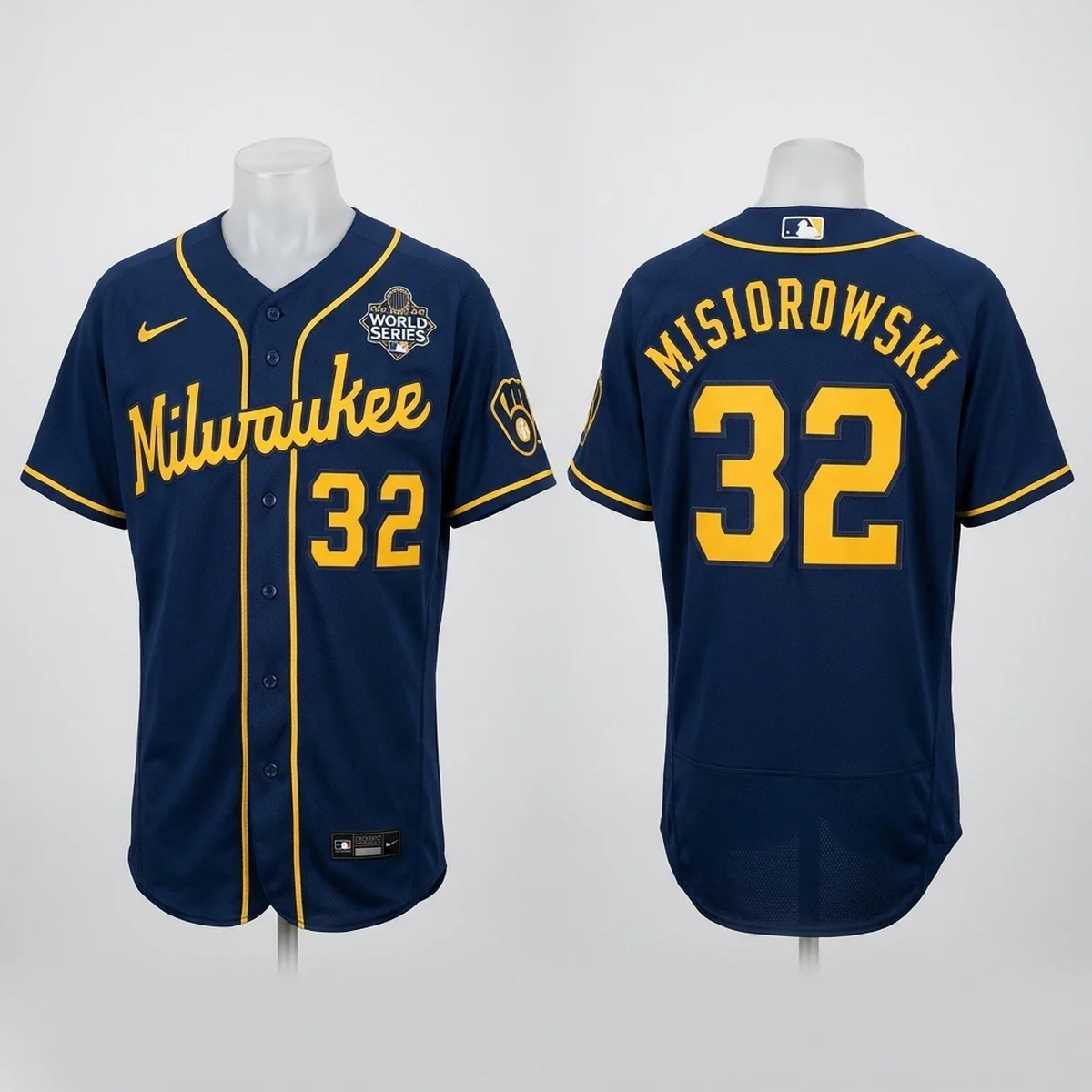 brewers misiorowski 32 2026 ws ace baseball jersey 1 Jacob Misiorowski 32 Milwaukee Brewers 2026 World Series Pitching Ace Baseball Jersey - Front View Main Mockup